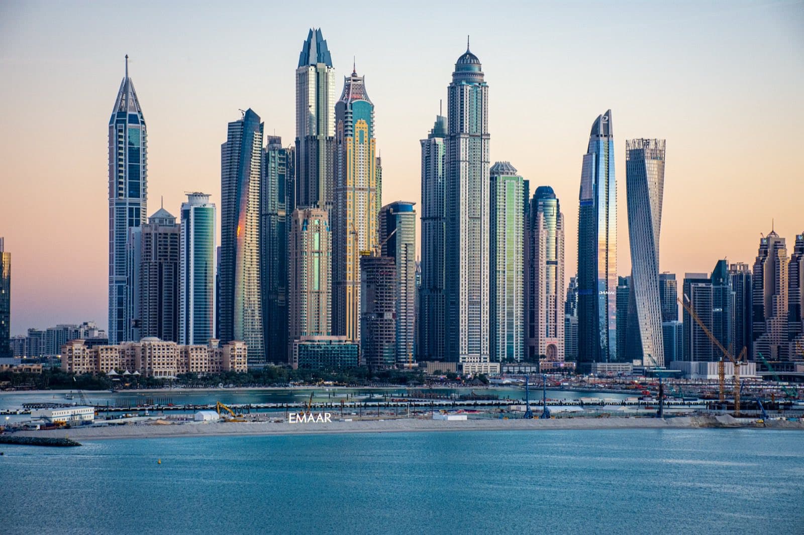 Dubai Marina skyline of high-rise towers along the waterfront in daylight