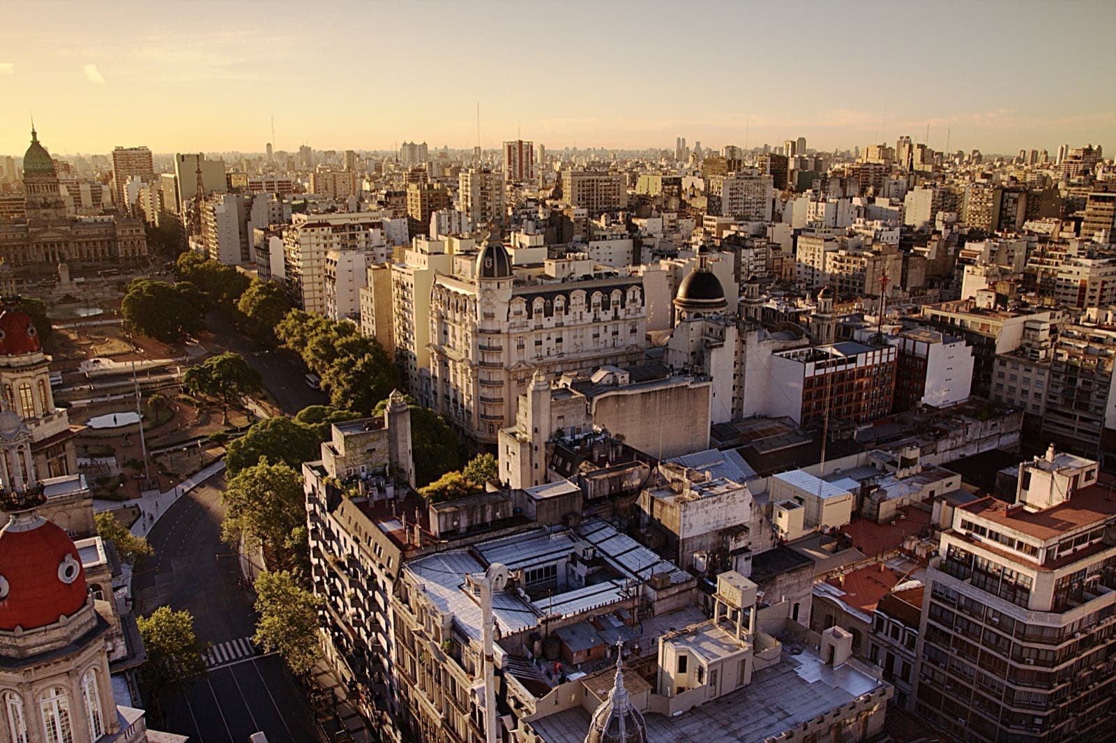 Congress Plaza in Buenos Aires with the National Congress building at sunset