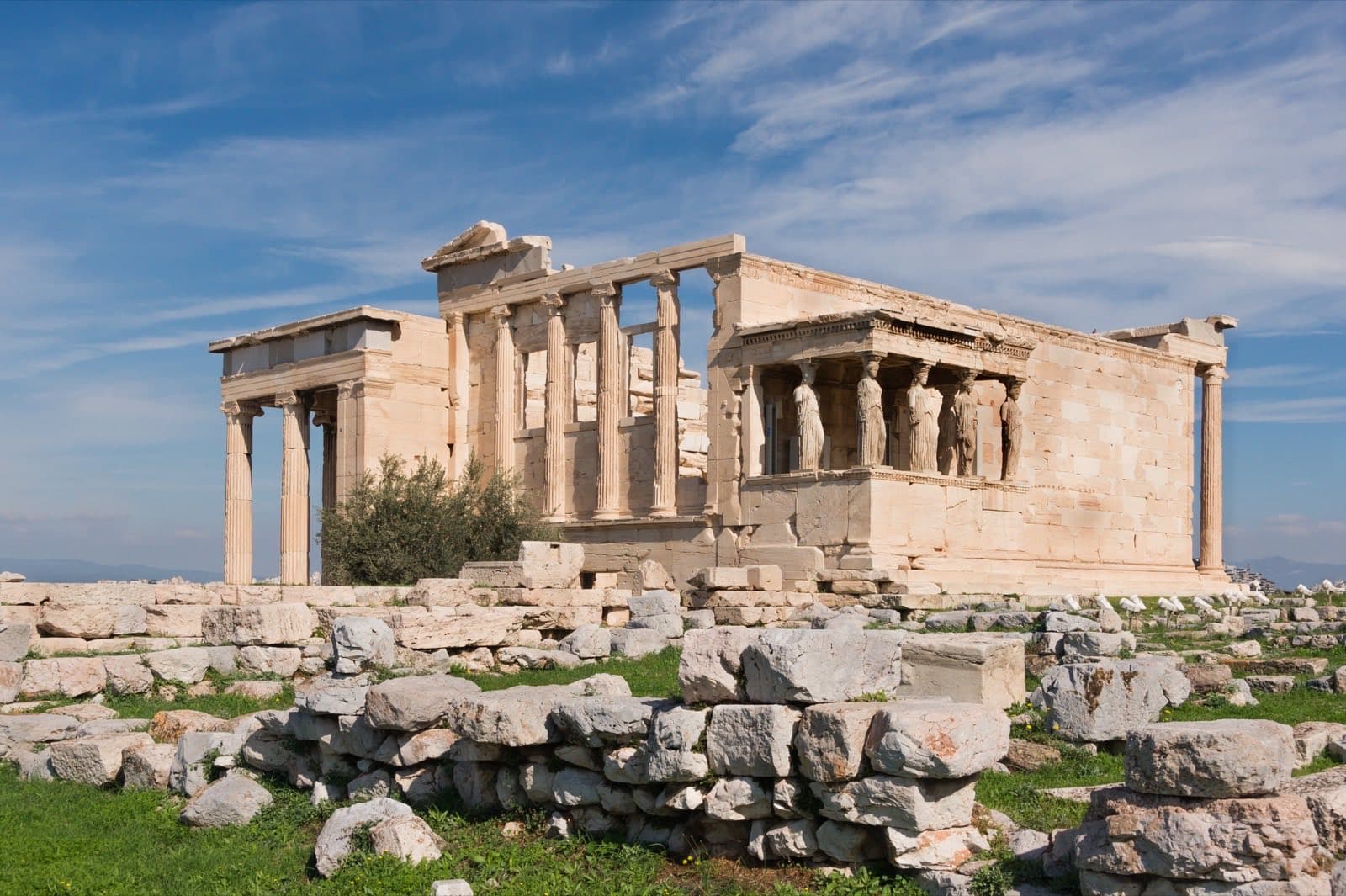 The west facade of the Erechtheion temple on the Acropolis of Athens, with its row of caryatid columns