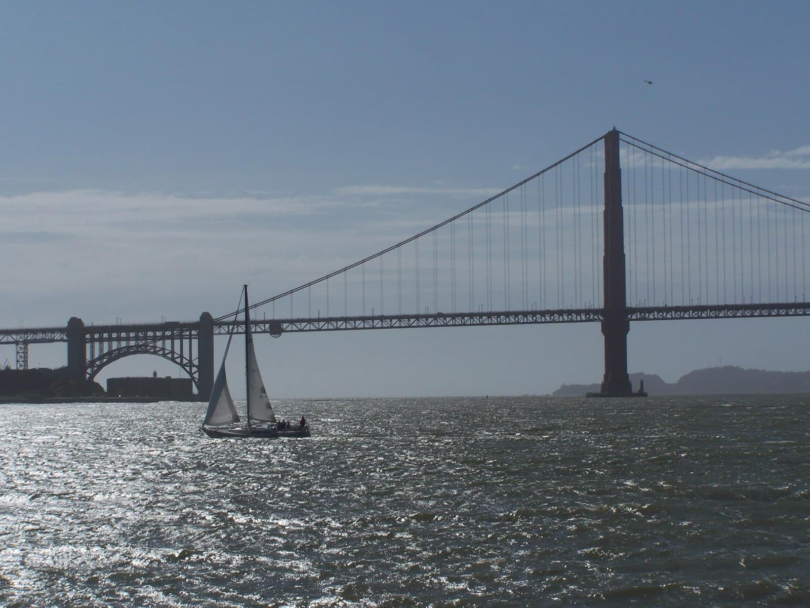 The Golden Gate Bridge spanning the entrance to San Francisco Bay under a clear sky