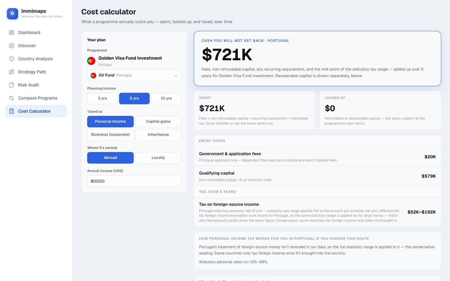 The Cost calculator screen