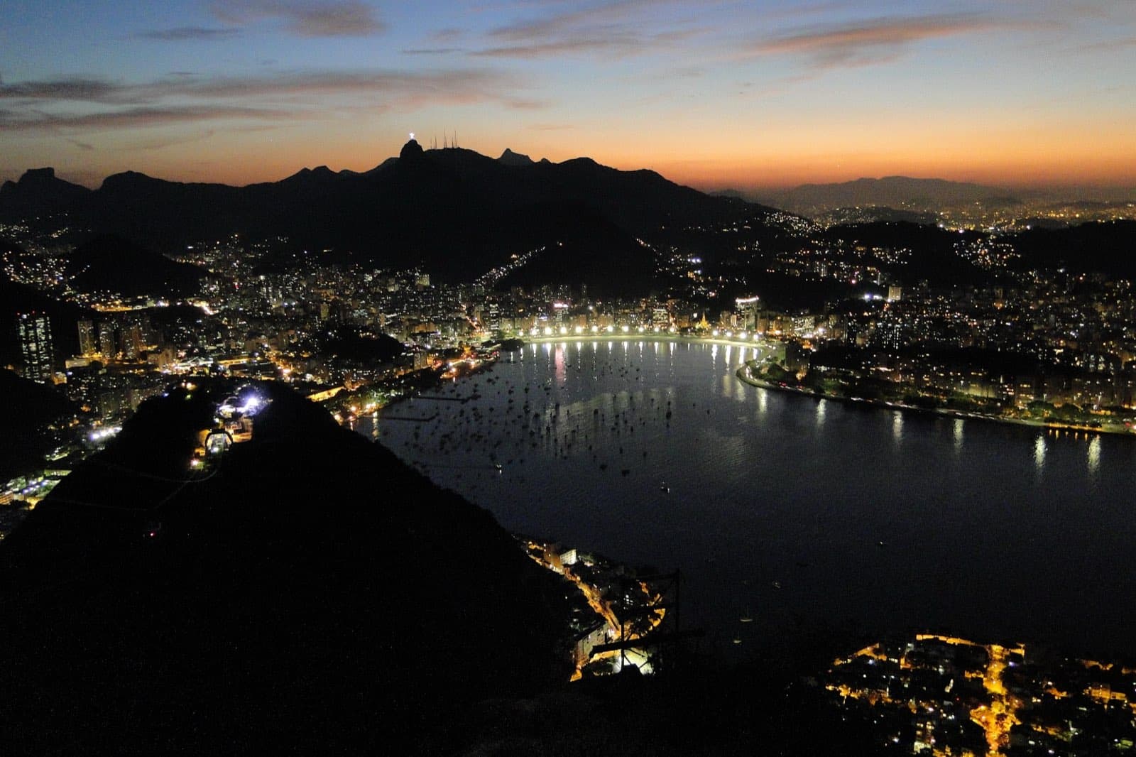 View of Rio de Janeiro's coastline and hills from Sugarloaf Mountain at sunset