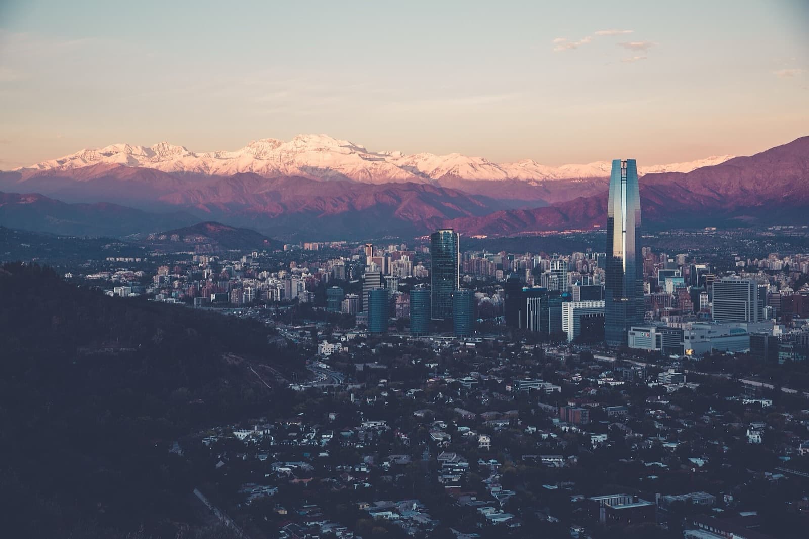 The Santiago skyline with the snow-capped Andes rising behind it.