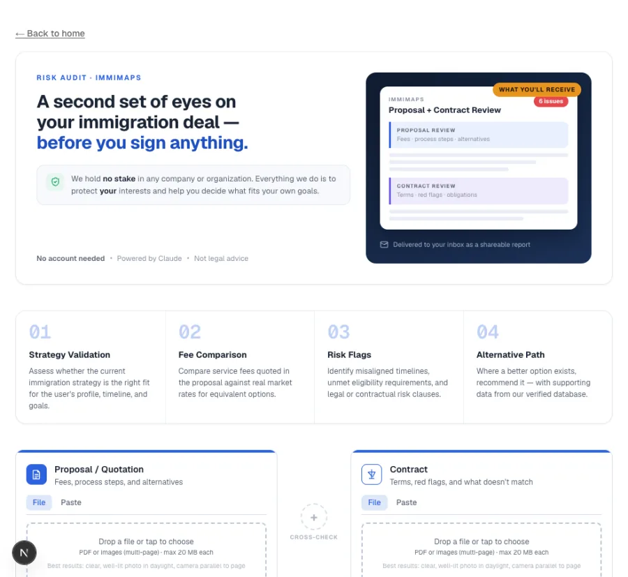 The Immimaps Risk Audit upload screen — drop a proposal or contract, no account needed.